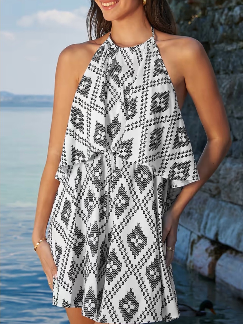 Cupshe Halter Romper NWT | Small • Black & White • Lightweight Summer One‑Piece